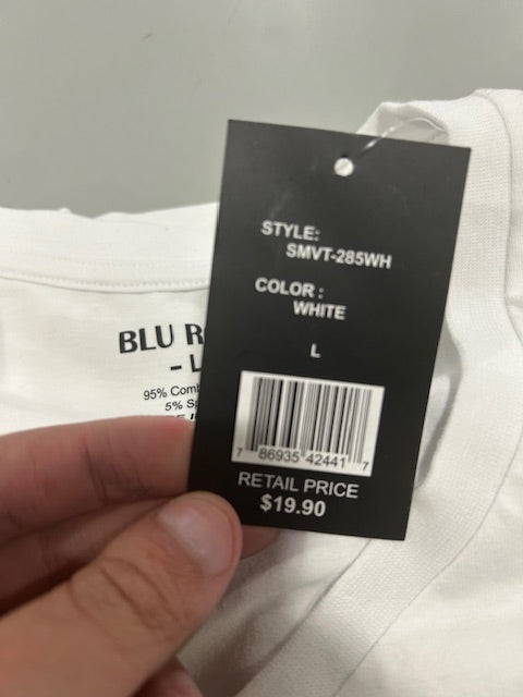 BLU ROCK LARGE WHITE SHORT SLEEVE T SHIRT - SIZE: MEN L - WHITE - Brand New