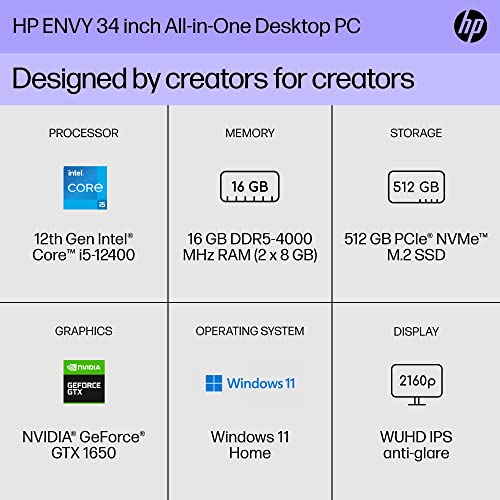 HP Envy 34" All-in-One Desktop PC, WUHD , i5-12400, 16GB 512GB, 1650 - Silver - Like New