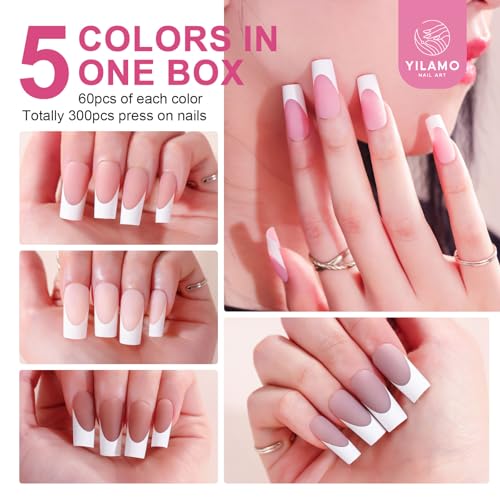 YILAMO PRESS ON NAILS LONG FRENCH TIP COFFIN SQUARE FIVE COLORS 300PCS - BROWN - Like New