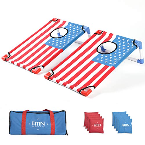A11N SPORTS Portable PVC Framed Cornhole Game Set 8 Bean Bags Carrying Bag Flag - Like New