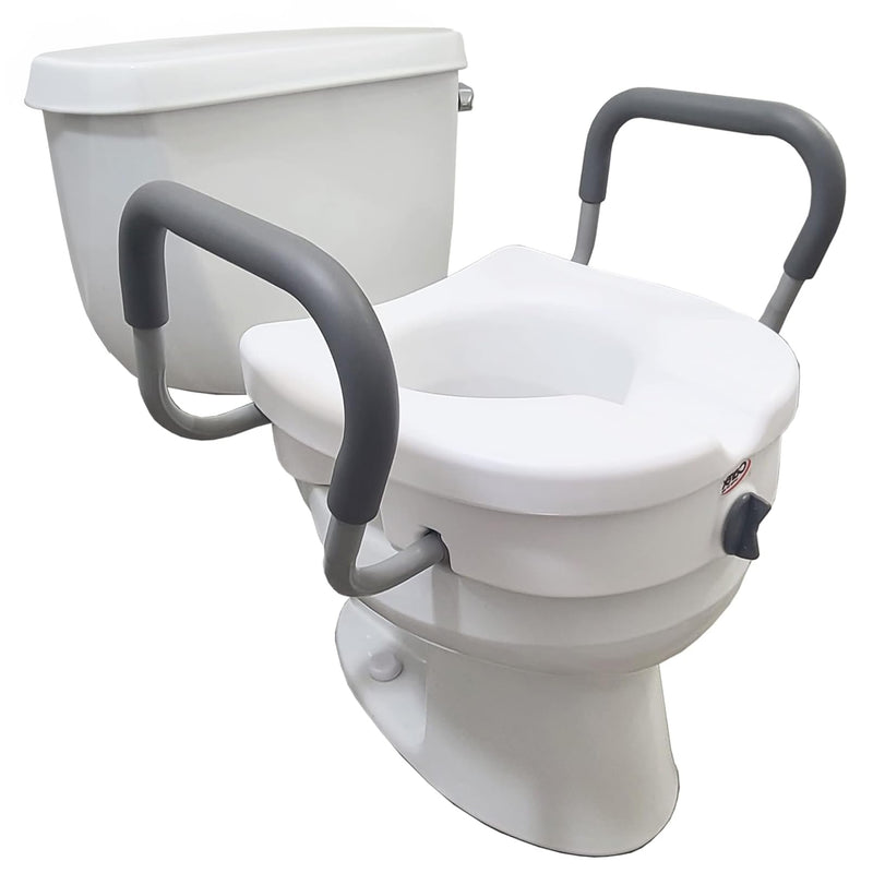 CARES E-Z LOCK 5" RAISED TOILET SEAT ARMS HANDICAP RAISED B30300 - WHITE/GRAY - Like New