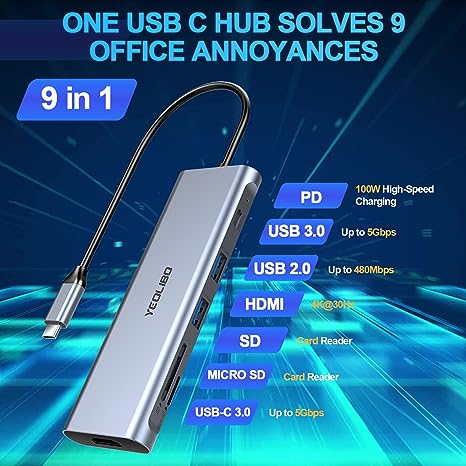 Yeolibo 9-in-1 USB C Hub Multiport Adapter 4K HDMI 100W SD RU9A - GREY - Like New