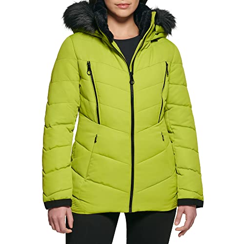 22QMP313 GUESS Women's Midweight Puffer Coat Hooded Lime Large - Brand New