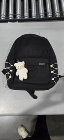 VAVABAG BACKPACK WITH WHITE BEAR KEYCHAIN, TWO MAIN & SIDE POCKETS - BLACK - Brand New