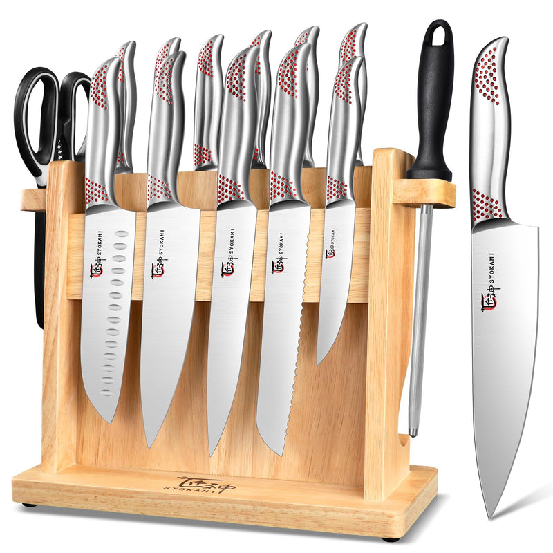 SYOKAMI KITCHEN KNIFE SET JAPANESE WOODEN BLOCK HIGH CARBON STAINLESS - RED DOT Like New