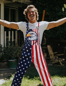 ADOVIGO MEN AMERICAN FLAG OVERALLS ADJUSTABLE STRAP SUMMER LONG JUMPSUITS RED - Brand New