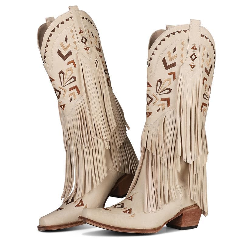 SARALRIS SARAIRIS WOMEN'S COWGIRL BOOTS KNEE HIGH FRINGE BOOTS - SIZE 6 - BEIGE - Like New