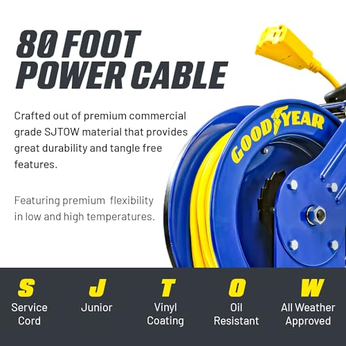 Goodyear Retractable Extension Cord Reel, 12AWG x 80 ft (GUR078) - Yellow - Like New