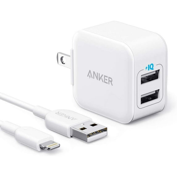 ANKER POWERPORT III 2-PORT 12W USB WALL CHARGER 3FT LIGHTNING CABLE - WHITE - Like New