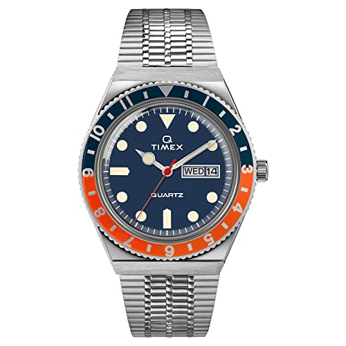 TIMEX Q MEN'S 38MM WATCH – BLUE/ORANGE SILVER-TONE CASE BLUE - Scratch & Dent
