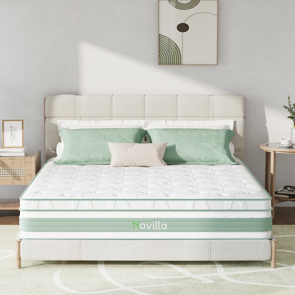 NV0M807B-12-K NOVILLA KING Hybrid Mattress, Medium Firm, 12 Inch, White/Green - Like New