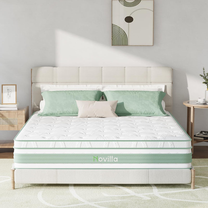 NV0M807B-12-K NOVILLA KING Hybrid Mattress, Medium Firm, 12 Inch, White/Green - Like New