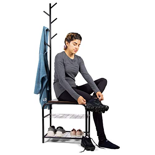 MILLIARD COAT RACK HALL TREE WITH BENCH - BLACK - Like New