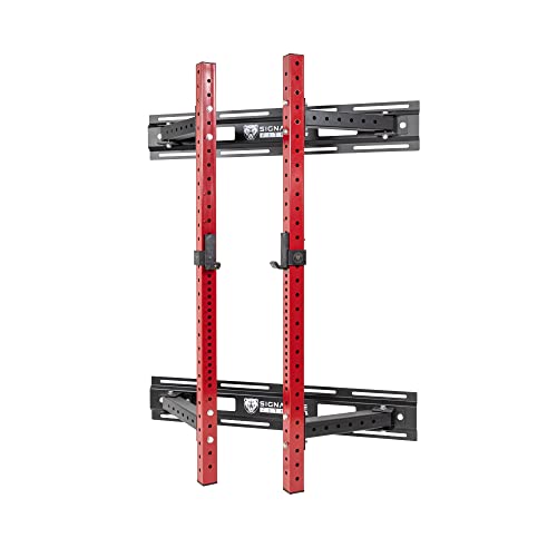 SIGNATURE FITNESS 3” X 3” WALL MOUNTED FOLD-IN POWER CAGE SQUAT RACK - RED - Like New