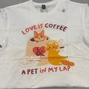 GILDAN LOVE IS COFFEE AND A PET IN MY LAP T SHIRT - SIZE: WOMEN M - WHITE - Like New