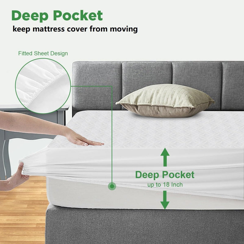 Wzhoufie 100% Waterproof Mattress Protector King, 8-18 INCH Bamboo Fiber - White Like New