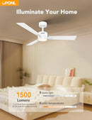 OPONL 42" CEILING FAN WITH LIGHT REMOTE CONTROL DOWNROD MOUNT NOISELESS - WHITE - Like New