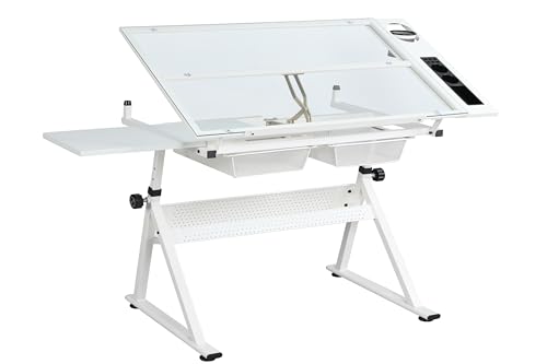 TZOU DRAFTING PRINTING TABLE WITH CHAIR 0-75° 31.5"-49.5" TEMPERED GLASS - WHITE - Like New