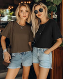 FICERD - WOMEN CROP TOPS HALF SLEEVE CROPPED T SHIRTS CREW NECK - SIZE: L - Like New