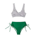 CUPSHE WOMEN'S STRIPED TOP, RUCHED LACE UP HIGH WAISTED BOTTOM - L - GREEN/WHITE - Like New