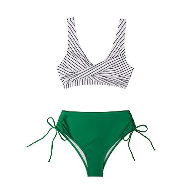 CUPSHE WOMEN'S STRIPED TOP, RUCHED LACE UP HIGH WAISTED BOTTOM - L - GREEN/WHITE - Like New