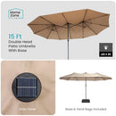 HOME ZONE LIVING 15X9FT DOUBLE HEAD PATIO UMBRELLA WITH BASE 36 LED SAND BAGS - Like New