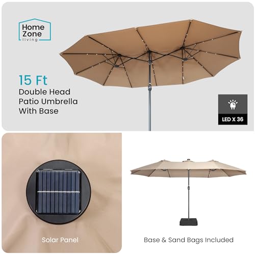 HOME ZONE LIVING 15X9FT DOUBLE HEAD PATIO UMBRELLA WITH BASE 36 LED SAND BAGS - Like New