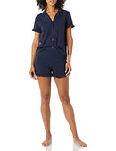 AMAZON ESSENTIALS WOMEN'S COTTON MODAL PIPED NOTCH COLLAR PAJAMA SET - NAVY - L - Brand New