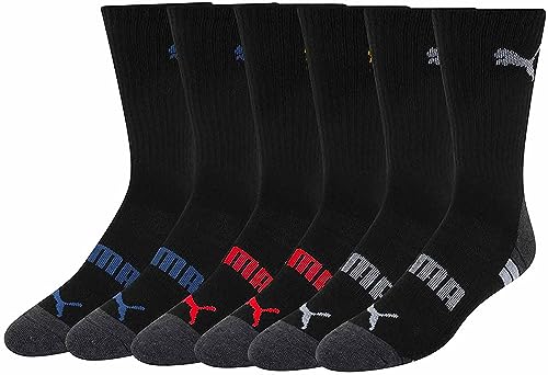 PUMA MEN'S 6 PACK CREW SOCKS - SIZE: MEN 10-13 - BLACK/COLOR LOGOS - Like New
