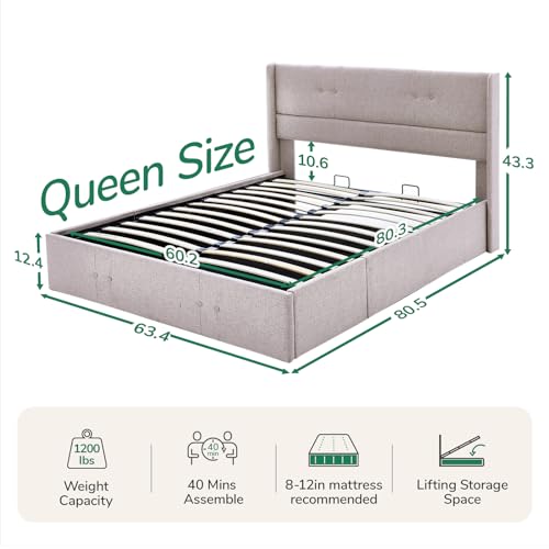 Novilla Queen Size Lift Up Storage Bed, with Fabric Headboard, N-F12006-Q-BR - Like New
