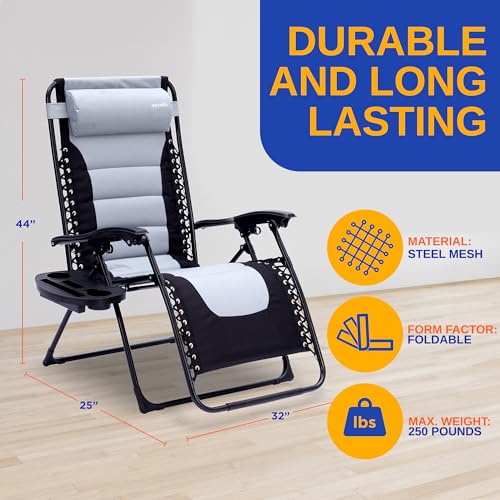 SERENELIFE PADDED ZERO GRAVITY LOUNGE CHAIR RECLINING PATIO CHAIRS -BLACK/GRAY - Like New