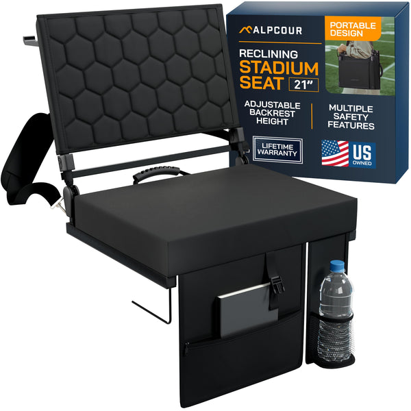 ALPCOUR EXTRA WIDE FOLDING RECLINING STADIUM SEAT BACK SUPPOT 21" WIDE - BLACK - Like New