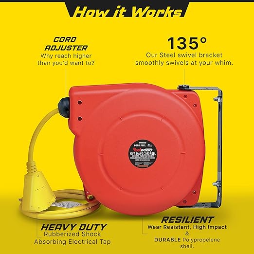 ReelWorks Extension Cord Reel Retractable 14AWG x 40 Ft 3C SJT - Scratch & Dent