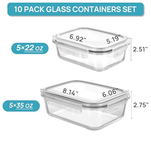 VTOPMART 10PACK (35OZ+22OZ) GLASS FOOD STORAGE CONTAINERS - GRAY - Like New