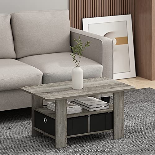 11158GYW FURINNO ANDREY COFFEE TABLE WITH BIN DRAWER FRENCH OAK GRAY/BLACK - Like New
