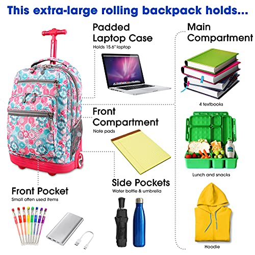 J World Sundance Laptop Rolling Backpack for Girls Boys Roller Bookbag, Blue - Brand New