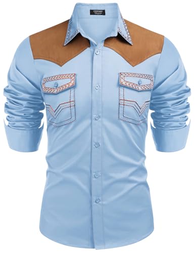 COOFANDY MEN'S WESTERN COWBOY SHIRT EMBROIDERY LONG SLEEVE SLIM FIT - LIGHT BLUE - Brand New