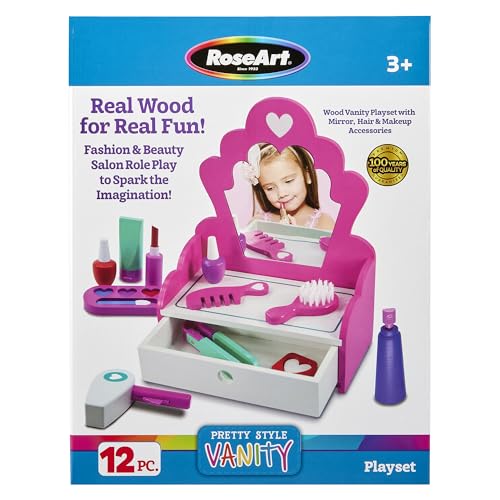 ROSEART WOODEN FASHION VANITY PLAY SET, 12 PIECE PRETEND PLAY HAIR - MULTICOLOR - Like New