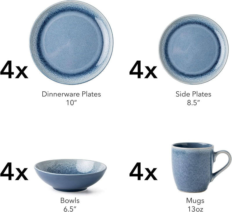 ARORA FAIT ROUND STONEWARE 16PC DINNERWARE SET - REACTIVE GLAZE BLUE Like New