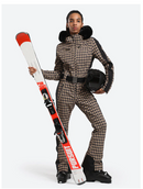 GSOU SNOW WOMEN'S SLIM-FIT STRETCH FAUX FUR SKI SUIT - XS - TAN HOUNDSTOOTH - Brand New
