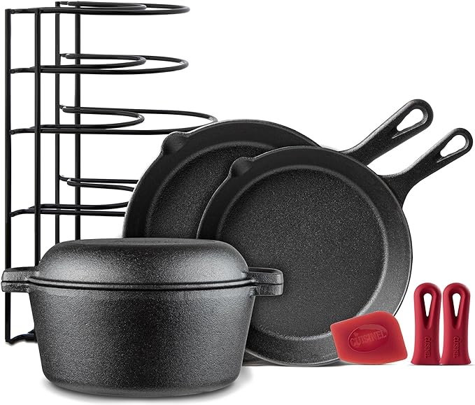 Cuisinel Cast Iron Cookware 8 Pieces 10" + 12" Skillet + 5-Quart CB-502 - Black Like New