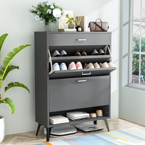 LAMERGE SHOE STORAGE CABINET FOR ENTRYWAY FREE STANDING SHOE ORGANIZER - Grey - Like New