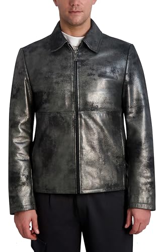 KARL LAGERFELD MENS SHIRT COLLAR SILVER LEATHER JACKET SIZE MEN LARGE BLACK - Brand New