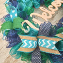 Ideas | Everyday Wreath | Mesh Door Wreath | Navy Blue Kelly Green Turquoise P3 - Like New