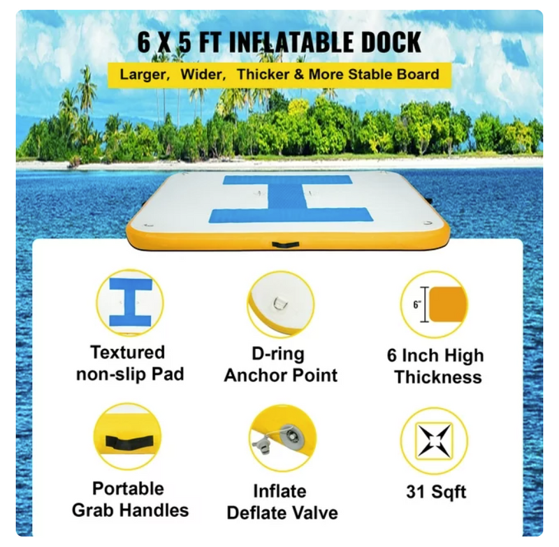 VEVOR Inflatable Floating Dock 6x5 ft w/ Electric Air Pump - WHITE/YELLOW/BLUE - Like New