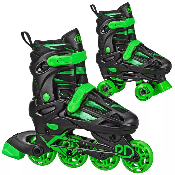 ROLLER DERBY GREEN WIRE KIDS' QUAD COMBO SKATES - YOUTH 3-6 - BLACK/GREEN - Like New