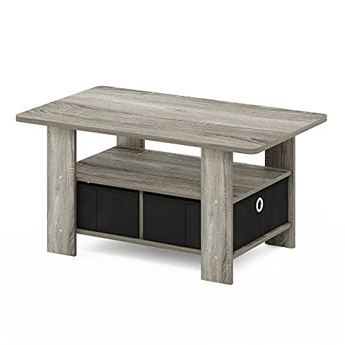 11158GYW FURINNO ANDREY COFFEE TABLE WITH BIN DRAWER FRENCH OAK GRAY/BLACK - Like New
