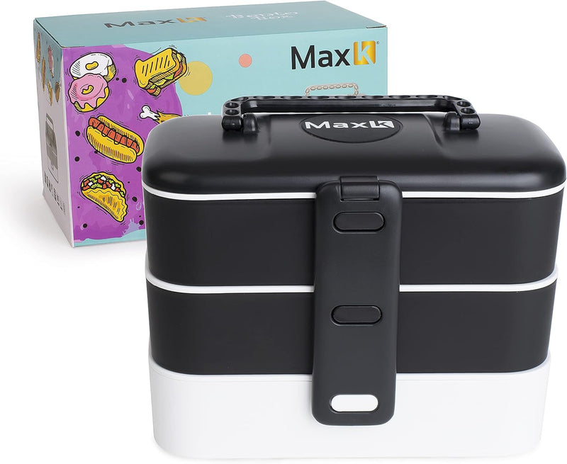 MAX K BENTO BOX, 3 TRAYS WITH CUTLERY FOR ADULTS AND KIDS, BLACK/ WHITE Like New