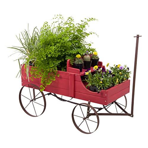 SHINE COMPANY DECORATIVE WAGON GARDEN PLANTER WOODEN WAGON YARD - RED - Like New