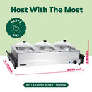 BELLA 3 X 1.5 QUART TRIPLE ELECTRIC BUFFET SERVER SLOW COOKER STAINLESS STEEL - Brand New